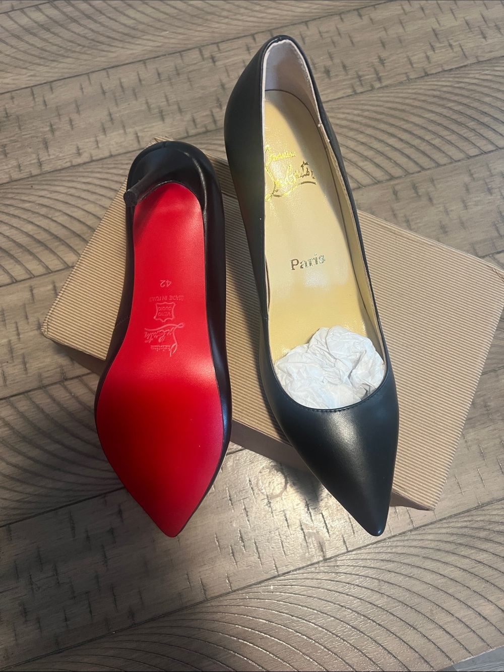 Christian Louboutin Black Leather Pointed-Toe Pumps with Red Sole